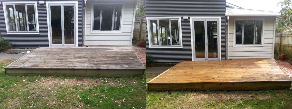 Deck restoration in Seatoun, before and after, weathered grey timber cleaned and restored to fresh natural tone