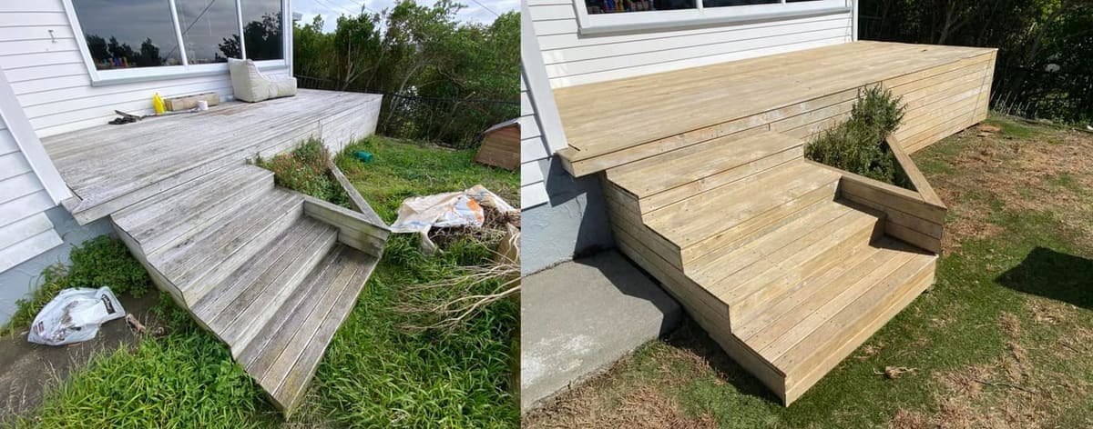 Wellington deck and steps restoration before and after, mouldy weathered grey timber deck with rough steps and overgrown edges before, fresh clean timber deck and rebuilt-look steps after restoration