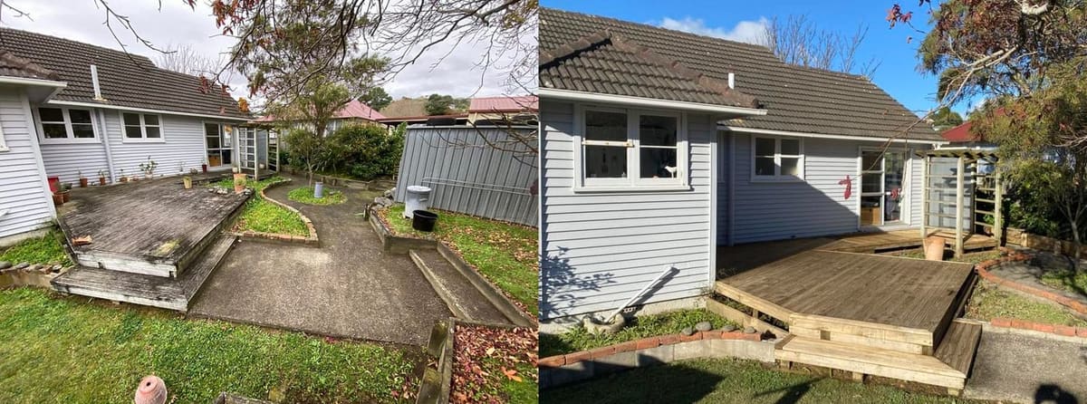 Deck restoration in Tawa, before and after, weathered grey timber cleaned and restored to fresh natural tone