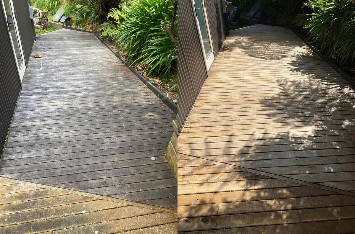 Deck restoration in Tawa, before and after, weathered grey timber cleaned and restored to fresh natural tone