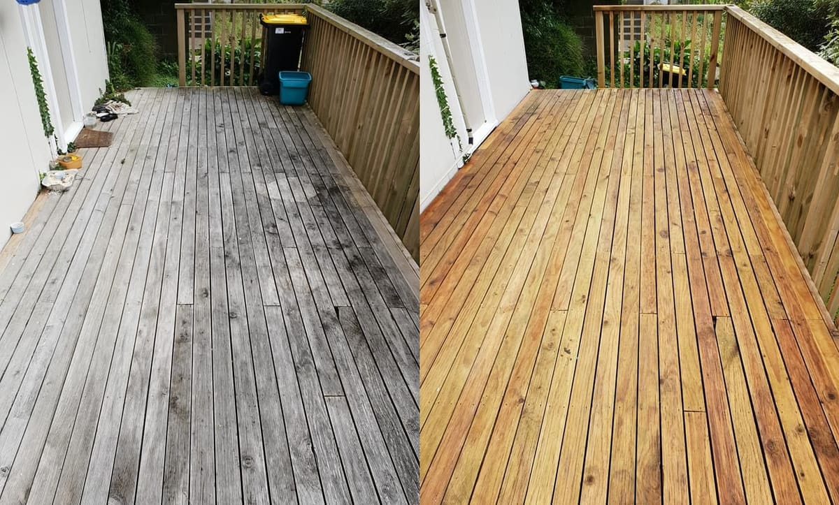 Deck restoration in Te Aro, before and after, weathered grey timber cleaned and restored to fresh natural tone