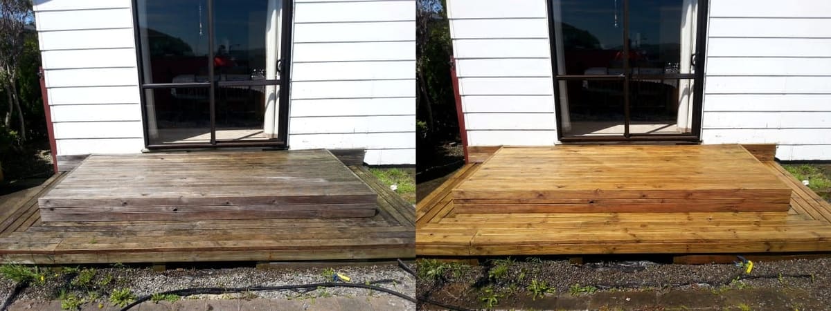 Deck restoration in Titahi Bay, before and after, weathered grey timber cleaned and restored to fresh natural tone