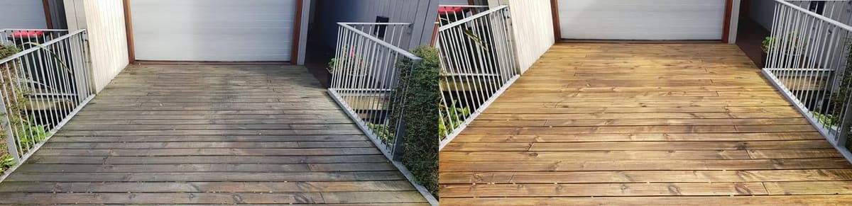 Deck restoration in Wadestown, before and after, weathered grey timber cleaned and restored to fresh natural tone