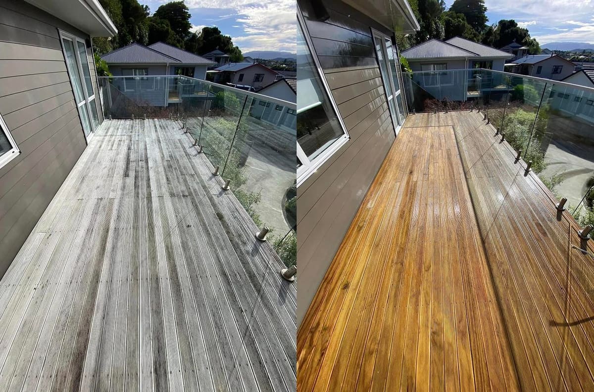 Deck restoration in Whitby, before and after, weathered grey timber cleaned and restored to fresh natural tone