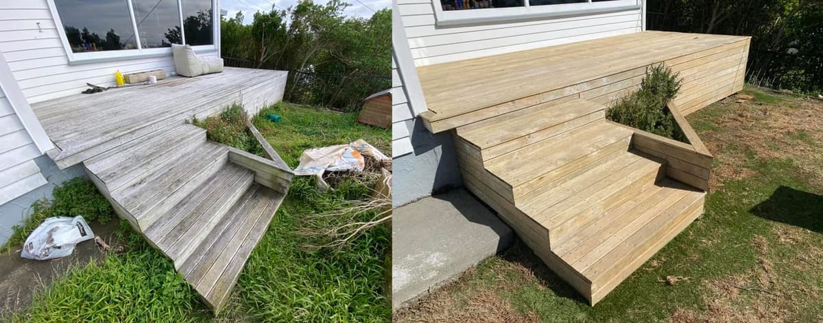 Deck restoration in Wilton, before and after, weathered grey timber cleaned and restored to fresh natural tone