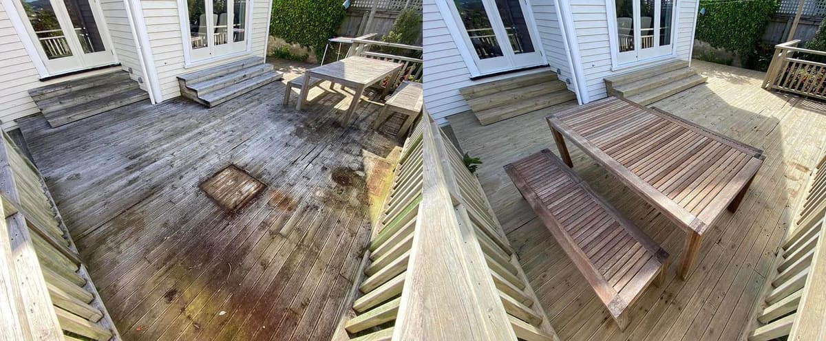 Deck restoration in Wilton, before and after, weathered grey timber cleaned and restored to fresh natural tone