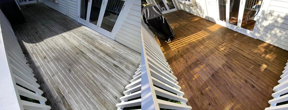 Deck restoration in Wilton, before and after, weathered grey timber cleaned and restored to fresh natural tone
