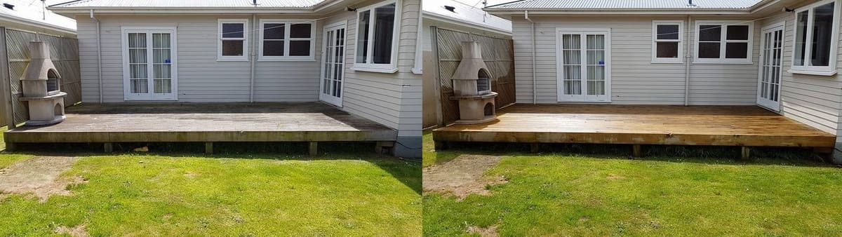 Deck restoration in Lower Hutt, long wraparound back deck with French doors above, weathered grey before, freshly stained timber after