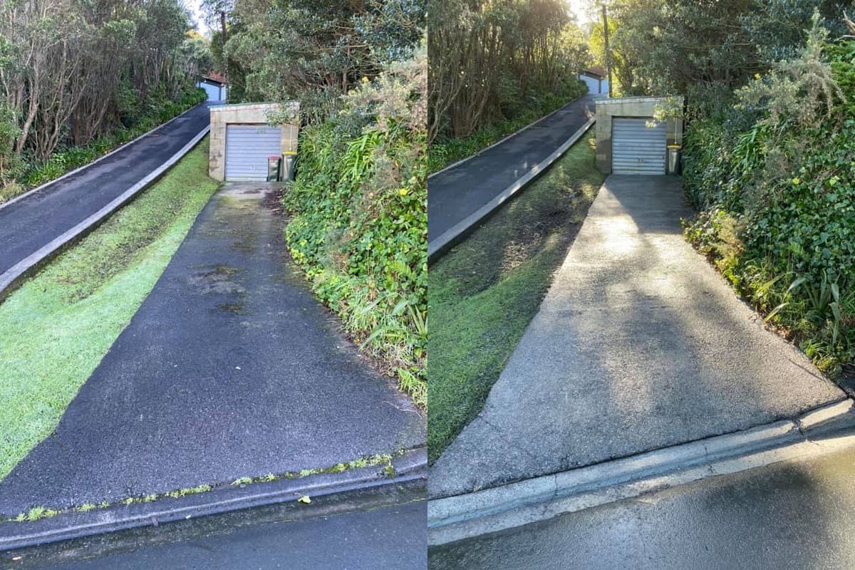 Driveway cleaning in Belmont, before and after, concrete or paver driveway lifted from mossy grey to clean restored surface
