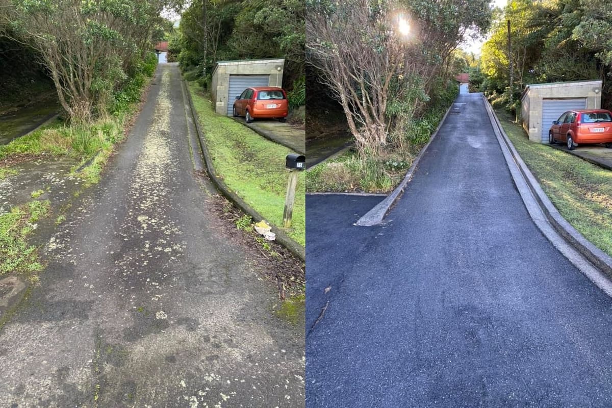 Driveway cleaning in Belmont, before and after, concrete or paver driveway lifted from mossy grey to clean restored surface