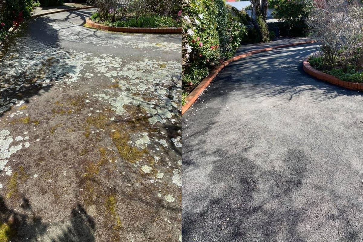 Driveway cleaning in Broadmeadows, before and after, concrete or paver driveway lifted from mossy grey to clean restored surface