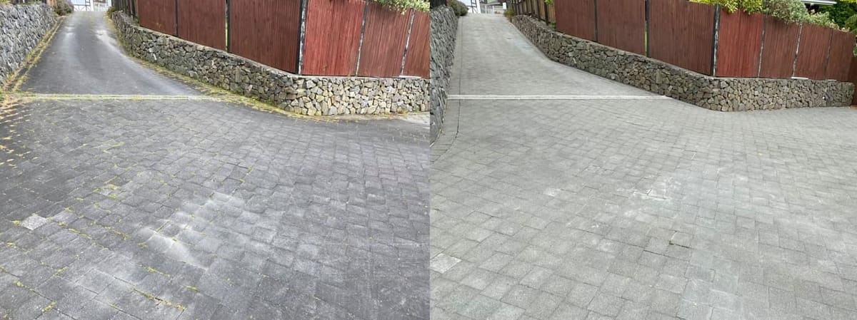 Driveway cleaning in Churton Park, before and after, concrete or paver driveway lifted from mossy grey to clean restored surface