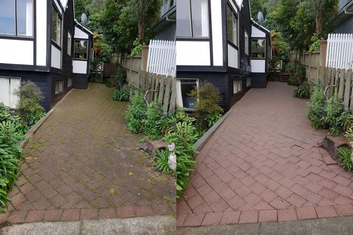 Driveway cleaning in Khandallah, coloured-press concrete driveway, dirty before, clean light concrete after