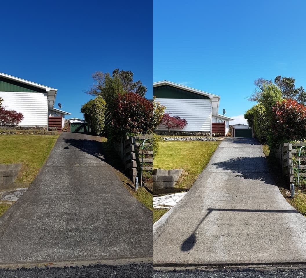 Driveway cleaning in Kelson, long concrete driveway running alongside a single-storey house, dirty before, clean restored concrete after