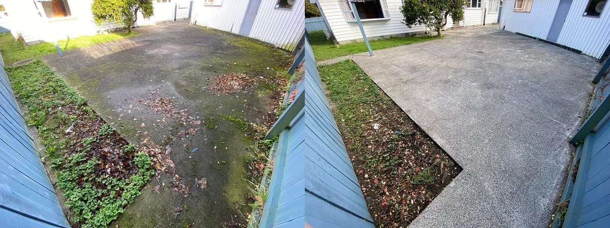 Wellington concrete cleaning before and after, narrow concrete side-passage and apron with leaf litter, moss and dirt before, clean even concrete after a high-pressure clean
