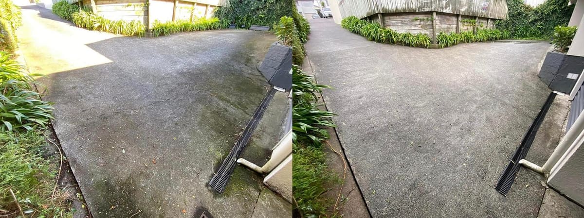 Driveway cleaning in Crofton Downs, before and after, concrete or paver driveway lifted from mossy grey to clean restored surface