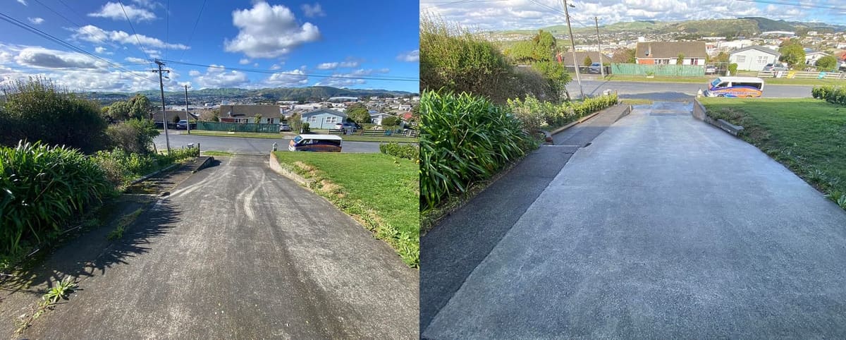 Driveway cleaning in Elsdon, before and after, concrete or paver driveway lifted from mossy grey to clean restored surface