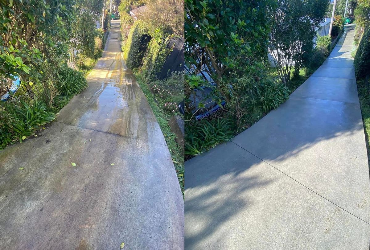 Driveway cleaning in Johnsonville, before and after, concrete or paver driveway lifted from mossy grey to clean restored surface