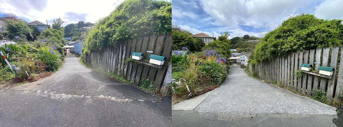 Driveway cleaning in Karori, before and after, concrete or paver driveway lifted from mossy grey to clean restored surface