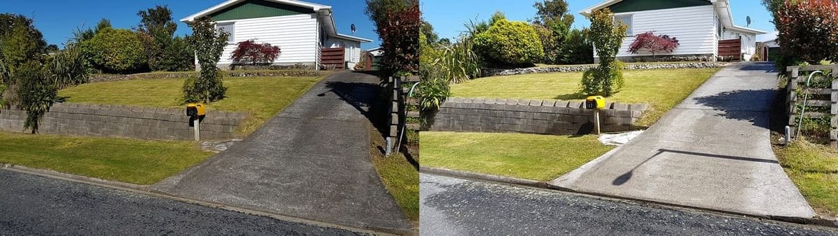 Driveway cleaning in Kelson, before and after, concrete or paver driveway lifted from mossy grey to clean restored surface