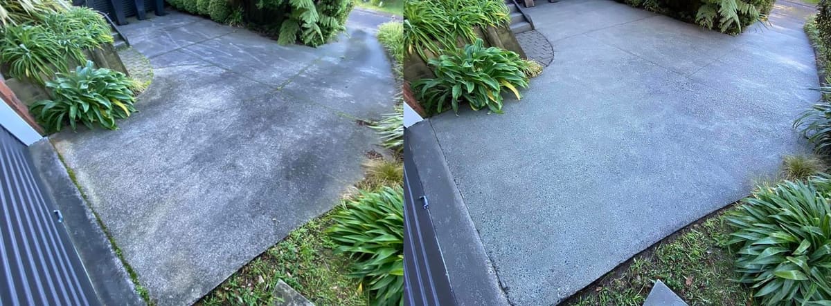 Driveway cleaning in Khandallah, before and after, concrete or paver driveway lifted from mossy grey to clean restored surface