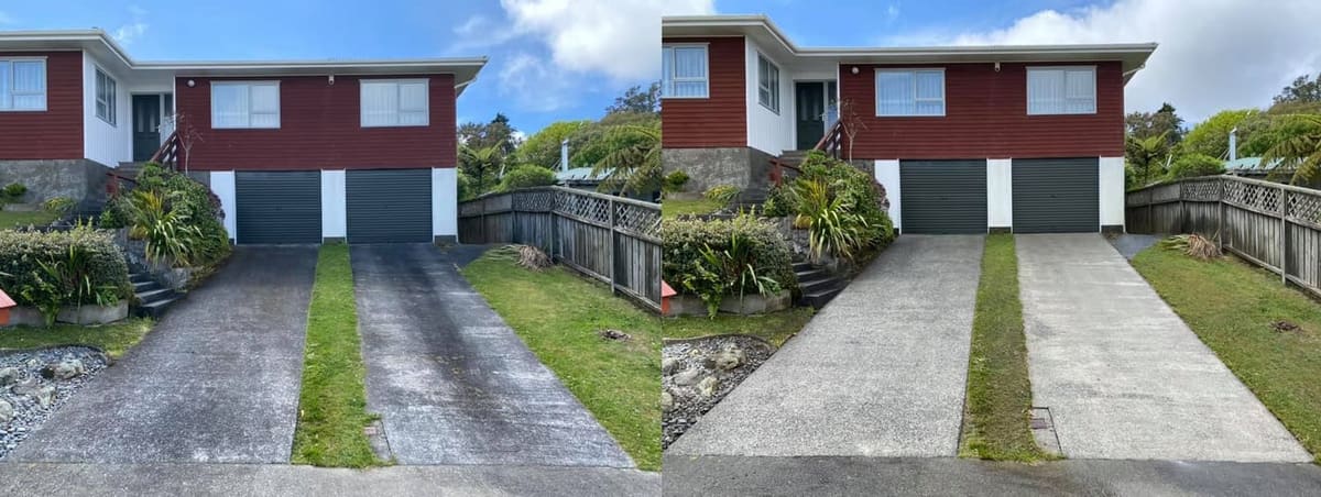 Driveway cleaning in Newlands, before and after, concrete or paver driveway lifted from mossy grey to clean restored surface