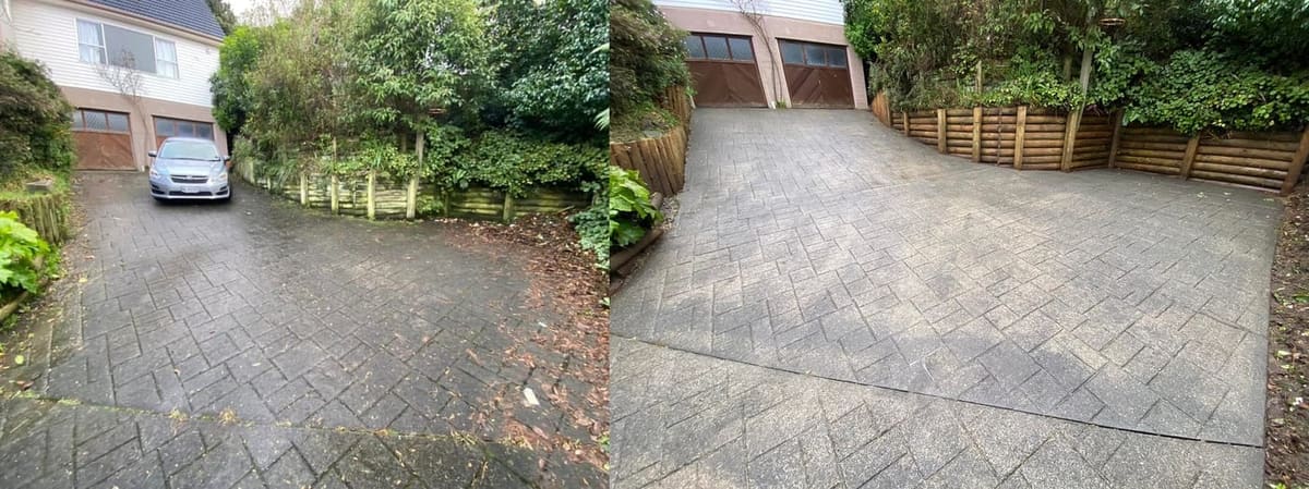 Driveway cleaning in Northland, before and after, concrete or paver driveway lifted from mossy grey to clean restored surface