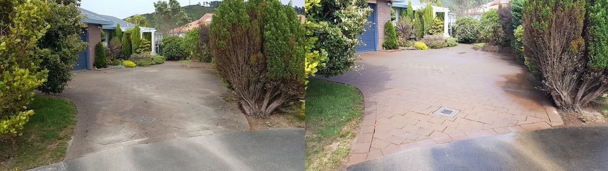 Driveway cleaning in Brooklyn, wide paver driveway in front of a garage, moss and dirt before, clean red brick after