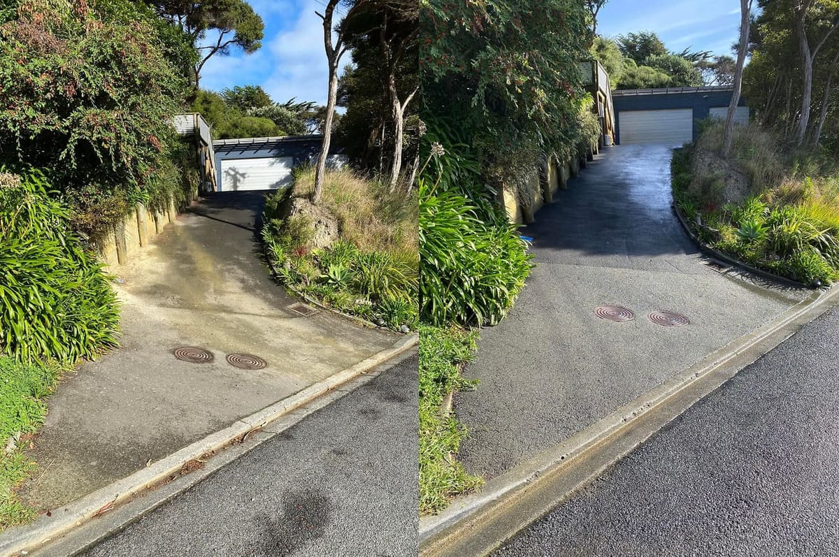 Driveway cleaning in Plimmerton, before and after, concrete or paver driveway lifted from mossy grey to clean restored surface
