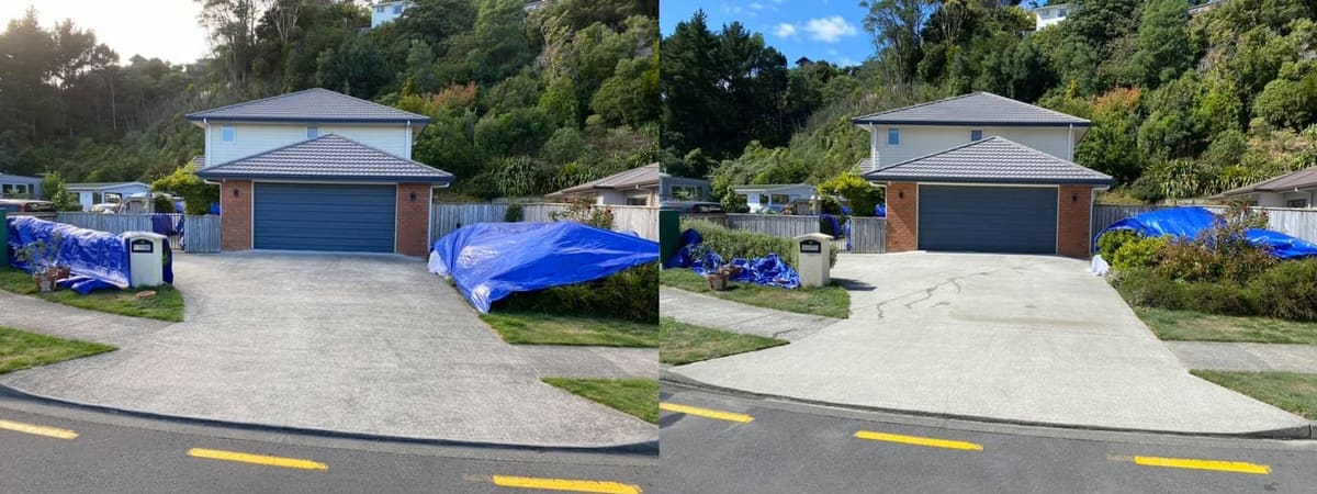 Driveway cleaning in Silverstream, before and after, concrete or paver driveway lifted from mossy grey to clean restored surface