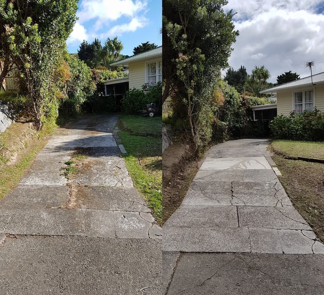 Driveway cleaning in Tawa, steep cracked-concrete driveway running up to a weatherboard house, dirty stained before, clean light concrete after