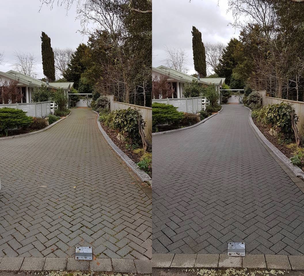 Driveway cleaning in Taita, before and after, concrete or paver driveway lifted from mossy grey to clean restored surface