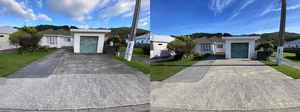 Driveway cleaning in Tawa, before and after, concrete or paver driveway lifted from mossy grey to clean restored surface
