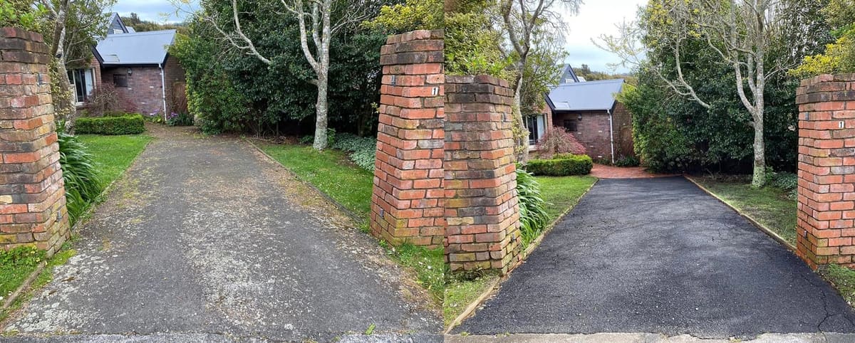 Driveway cleaning in Tawa, before and after, concrete or paver driveway lifted from mossy grey to clean restored surface