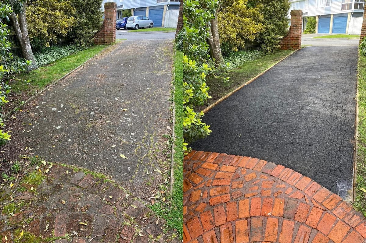Driveway cleaning in Tawa, before and after, concrete or paver driveway lifted from mossy grey to clean restored surface