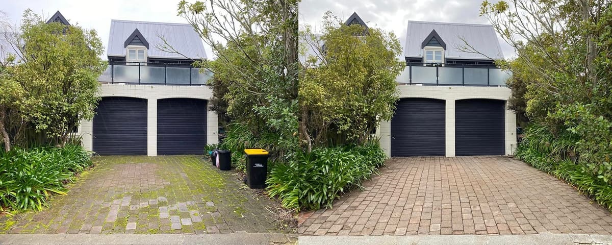 Driveway cleaning in Tawa, before and after, concrete or paver driveway lifted from mossy grey to clean restored surface