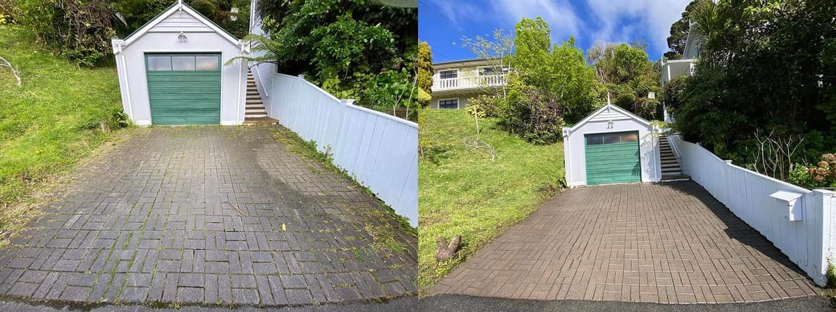 Driveway cleaning in Te Aro, before and after, concrete or paver driveway lifted from mossy grey to clean restored surface