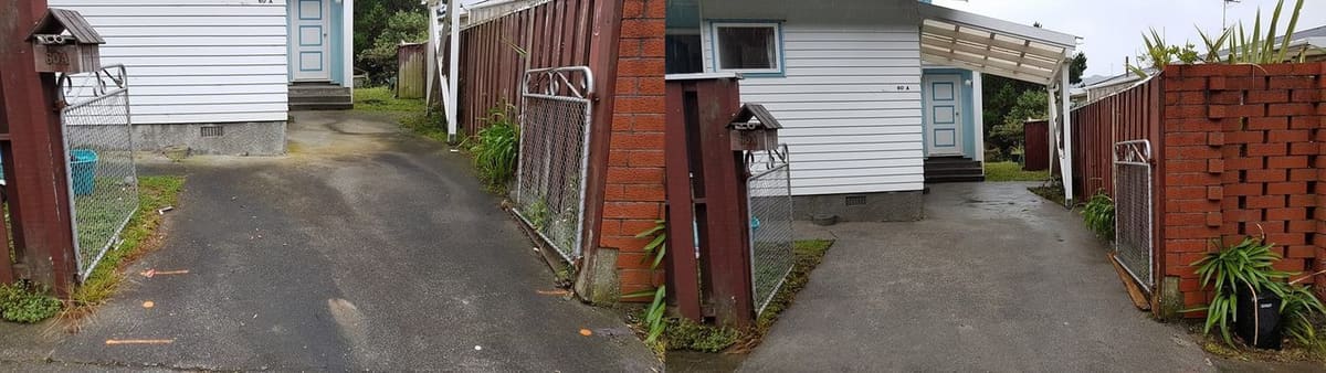 Driveway cleaning in Kingston, concrete vehicle entry between a red-brick wall and a wire-mesh fence, dirty before, clean light concrete after