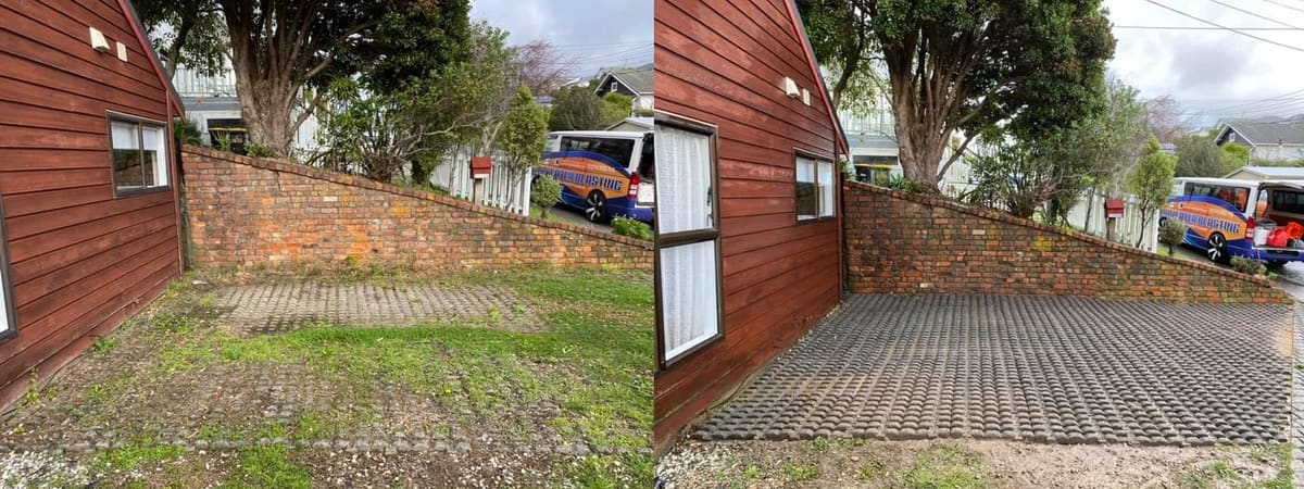 Driveway cleaning in Wilton, before and after, concrete or paver driveway lifted from mossy grey to clean restored surface