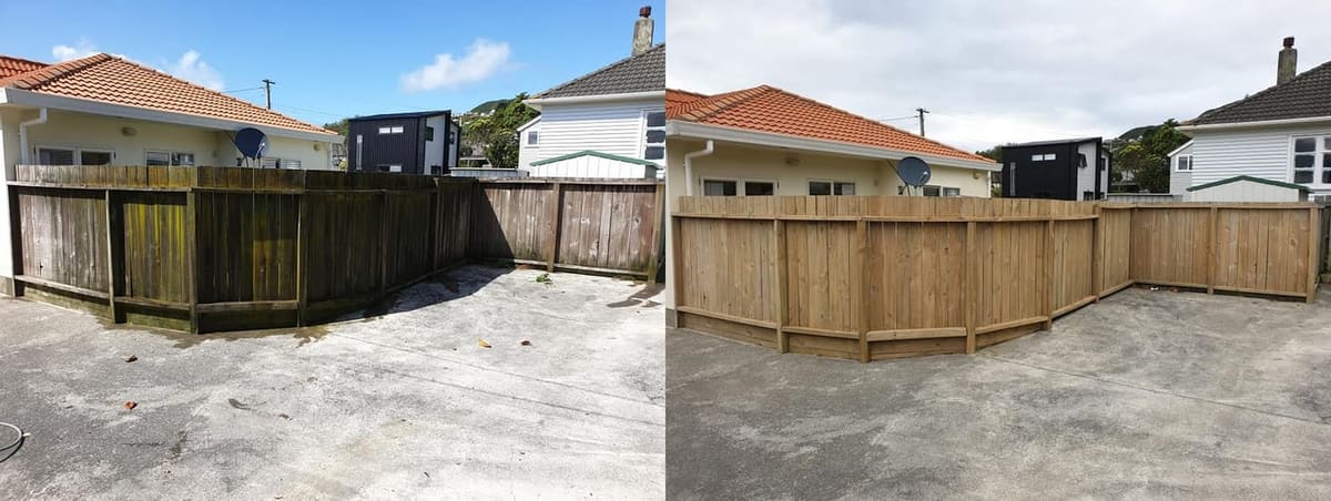 Fence cleaning in Johnsonville, before and after, timber boundary fence stripped of mould and lichen, restored to fresh timber