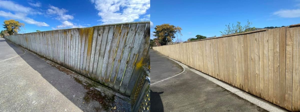 Wellington roadside fence cleaning before and after, long timber paling fence with heavy yellow lichen and green algae before, clean warm-toned timber after a high-pressure clean