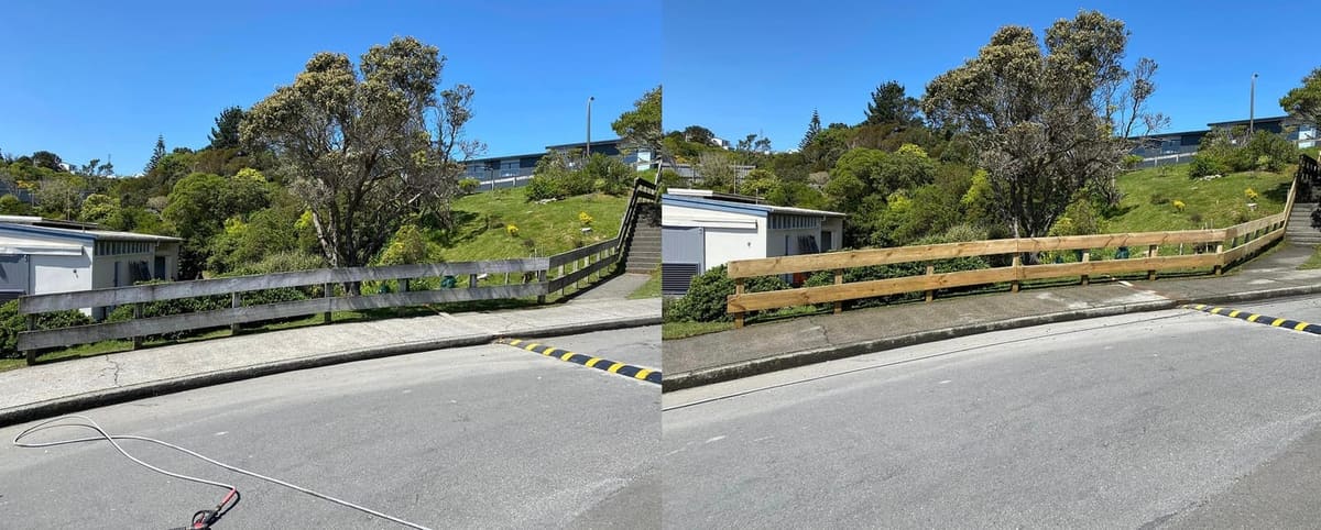 Fence cleaning in Newlands, before and after, timber boundary fence stripped of mould and lichen, restored to fresh timber
