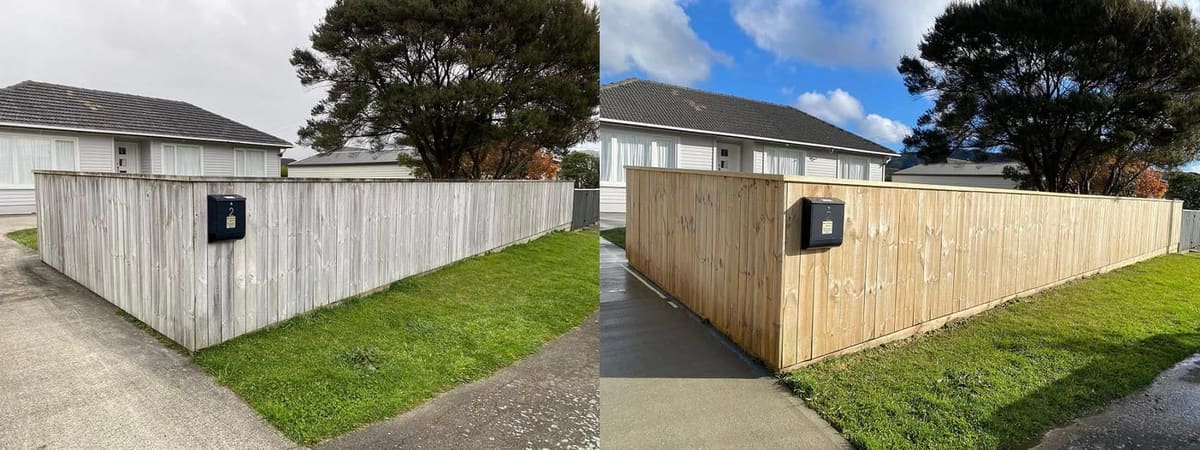 Wellington streetfront fence cleaning before and after, tall paling timber boundary fence weathered grey with mould patches before, fresh warm-toned timber palings after a high-pressure clean
