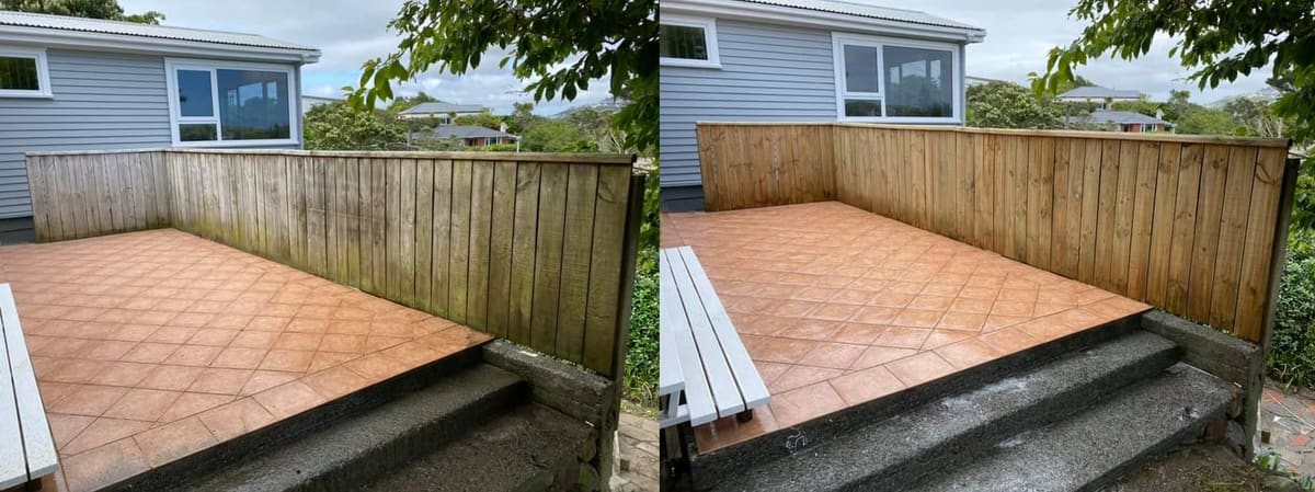 Fence cleaning in Paremata, before and after, timber boundary fence stripped of mould and lichen, restored to fresh timber