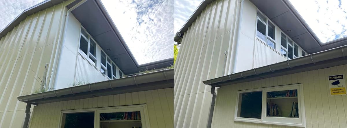 Wellington school gutter cleaning at Newlands College A Block, blocked spouting with grass growth flushed and cleared, returning free flowing fascia gutter ready for winter rainfall.