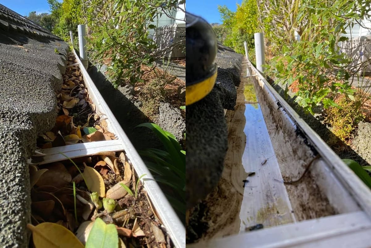 Roof and gutter cleaning in Hataitai, before and after, roof or gutter cleared of debris, lichen and moss