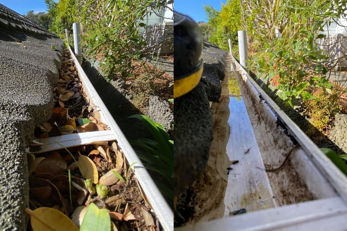 Gutter cleaning in Wellington, top-down inside view of a gutter completely filled with dead leaves and debris before, the same gutter rinsed clean with water flowing freely after