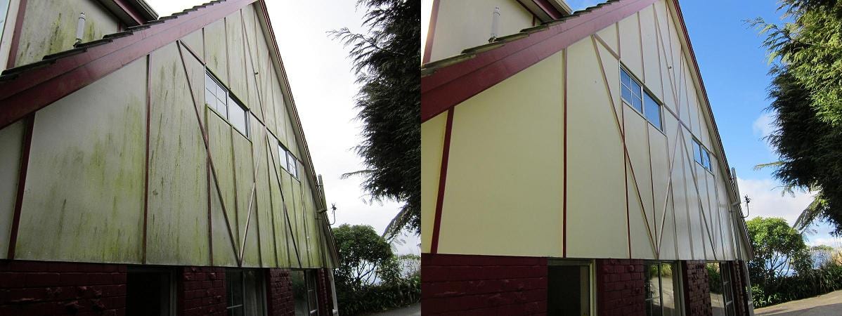 Wellington house wash before and after, A-frame plaster house with red trim and heavy green algae across the apex wall before, clean cream plaster after a soft-wash with biocide chemistry