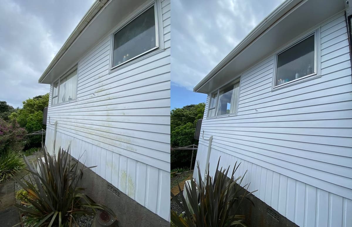 House washing in Camborne, before and after a soft-wash treatment, exterior cladding lifted clean of moss, algae and weathering