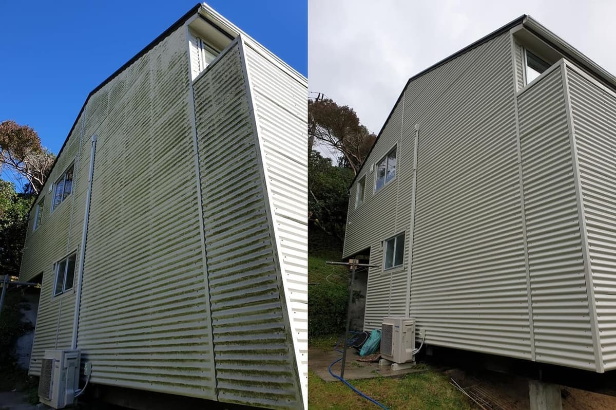 Wellington house wash before and after, two-storey corrugated-iron coloursteel home with heavy green algae streaks down the entire wall before, clean pale grey coloursteel after a soft-wash with biocide chemistry